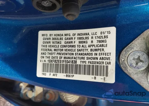 2015 Honda Civic Lx z USA, uszkodzony, nr VIN 19XFB2E51FE041838
